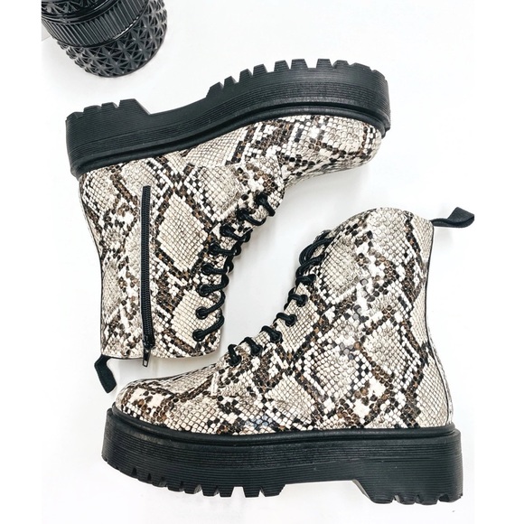 Ivory Snake Print Lace Up Combat Boots - Picture 4 of 9